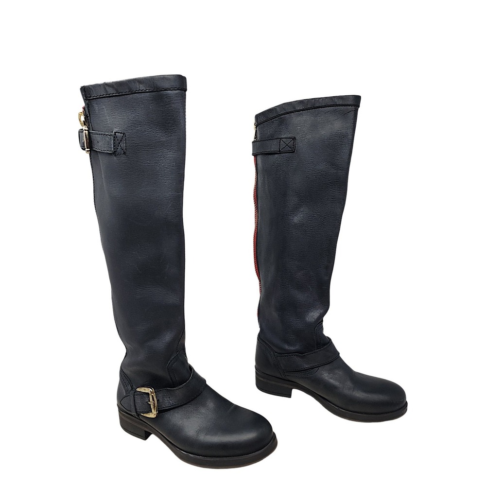 Steve Madden Moto Boots 5.5 Lindley Rising Black Leather Red Zip Biker Tall Knee